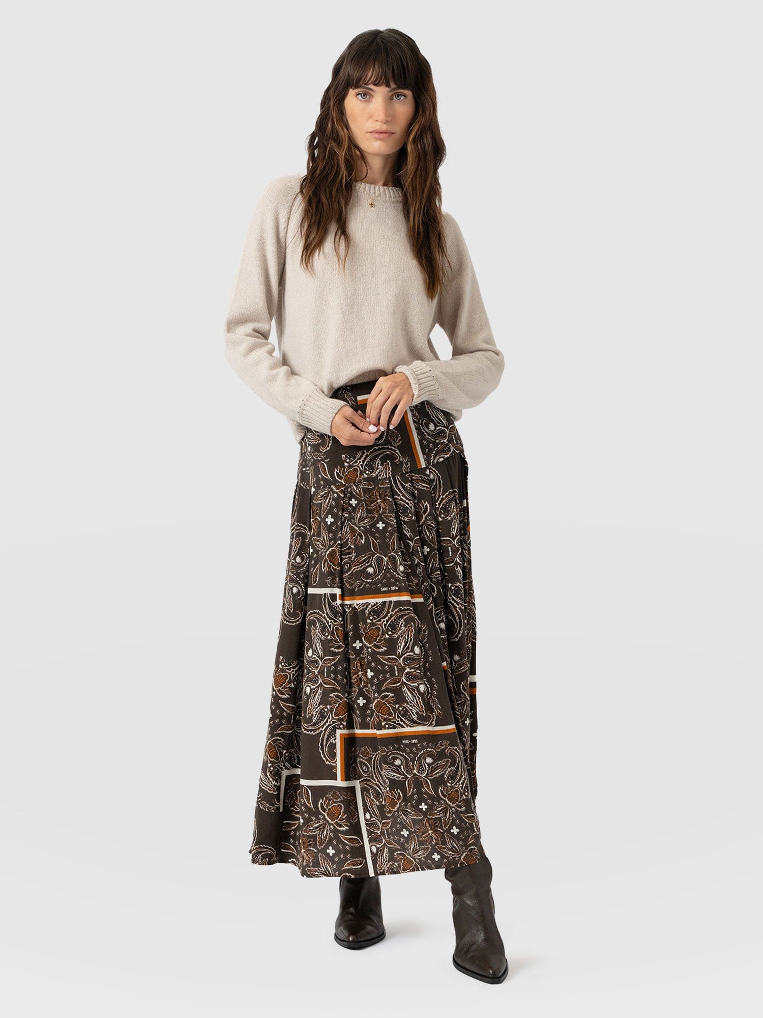 Everly Pleated Skirt - Brown Paisley